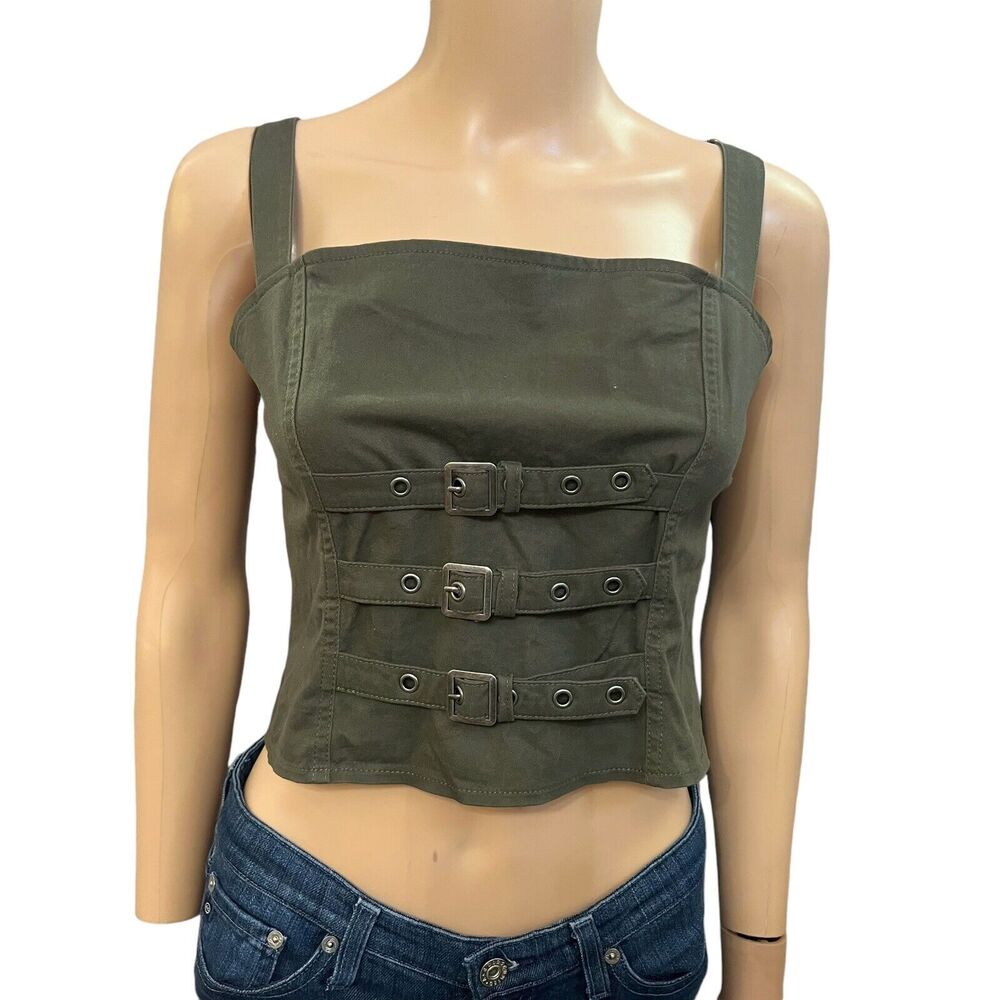 Current Mood Cropped Corset Top Green Buckles Grunge Goth Army